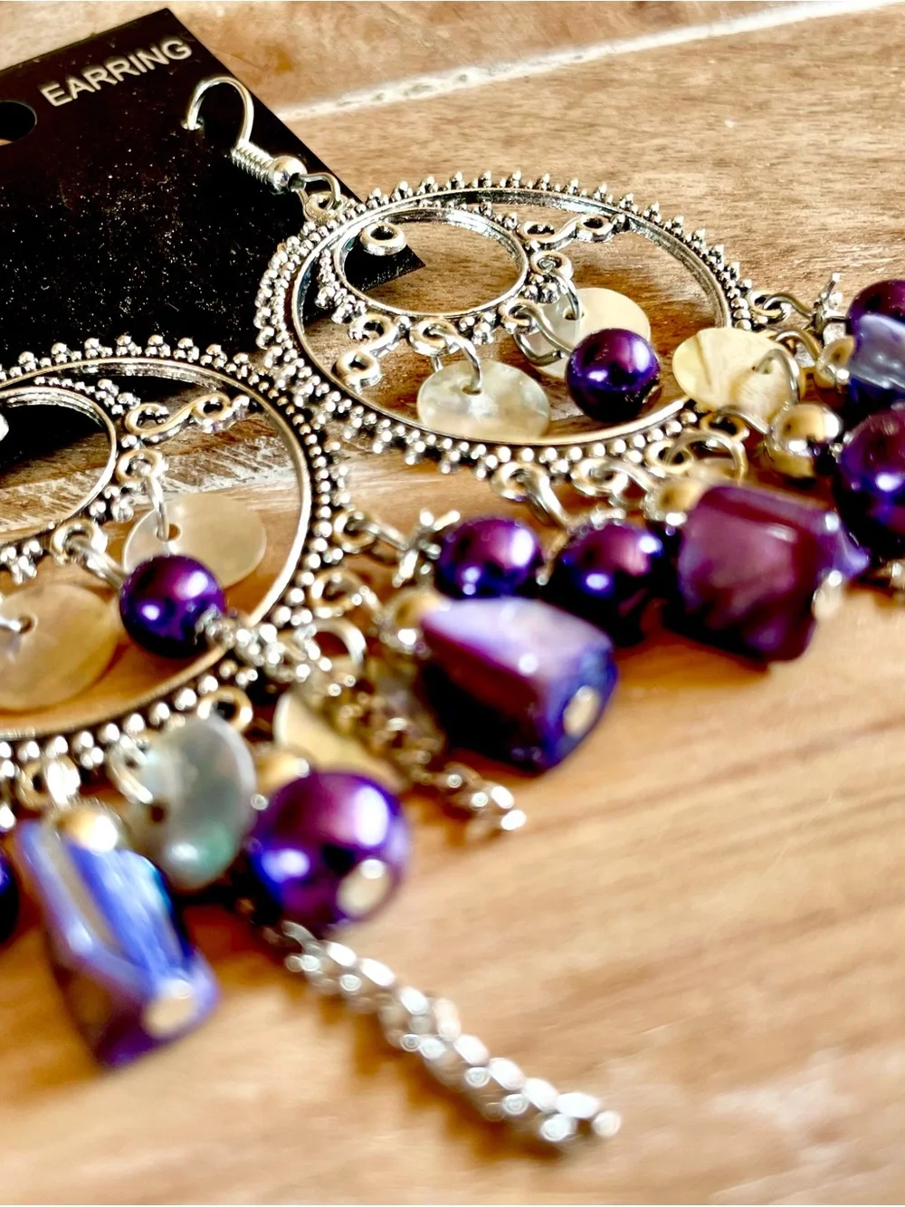 Handcrafted Silver-Tone Purple Bead Chandelier Earrings - Women Jewelry